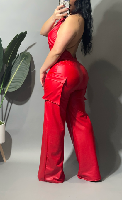 Faux Leather halter neck cargo jumpsuit