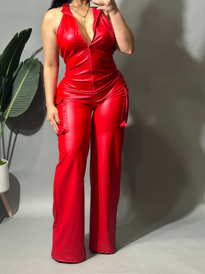 Faux Leather halter neck cargo jumpsuit