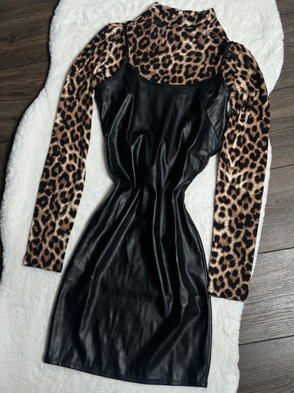 Leopard Top And Leather Dress Set