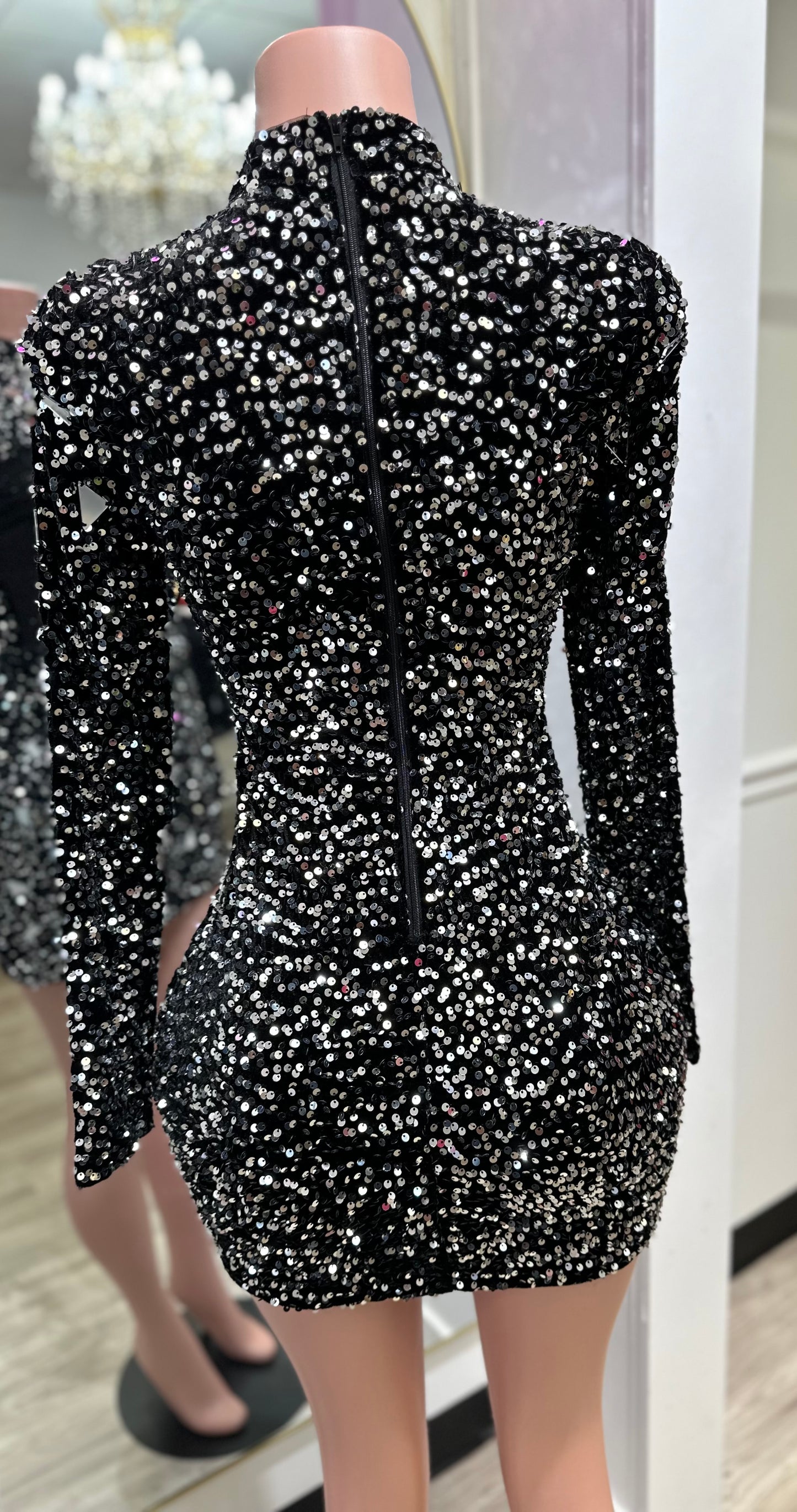 Sequined long puff sleeve mini dress